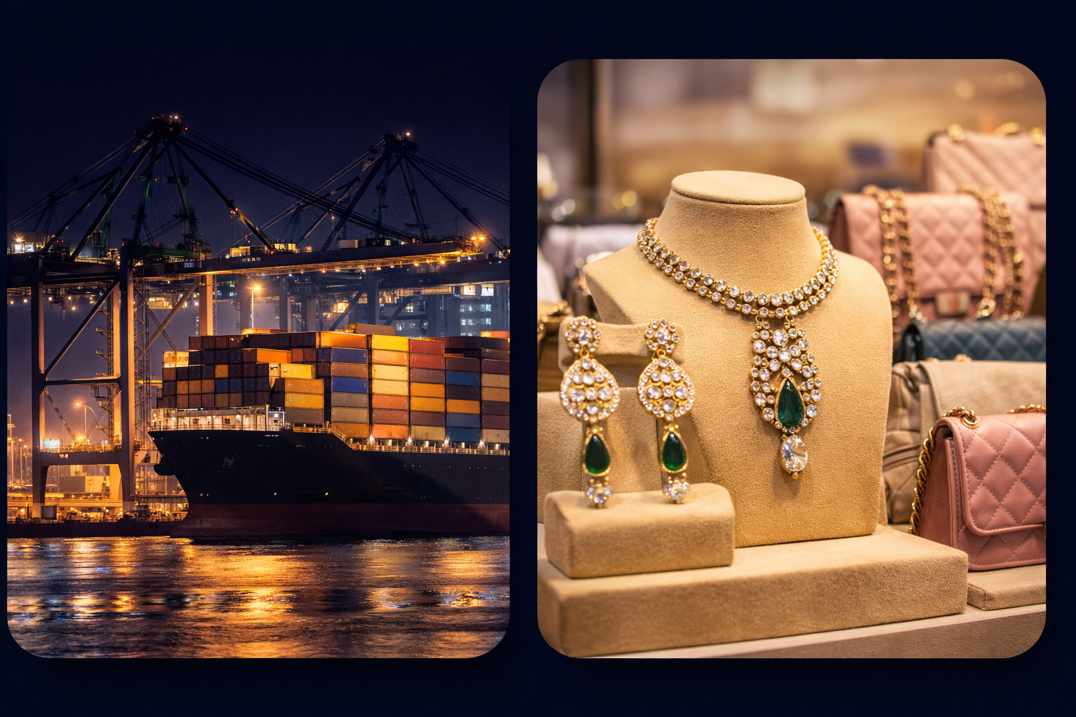 India export hub shipping containers and premium imitation jewellery for international wholesale buyers